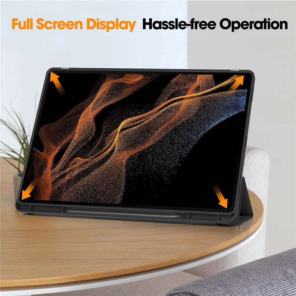 Smart Tablet Case for Samsung Galaxy Tab S9 Ultra, PU Leather Tri-fold Stand Cover with Pen Slot
