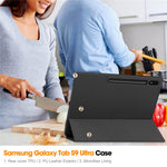 Smart Tablet Case for Samsung Galaxy Tab S9 Ultra, PU Leather Tri-fold Stand Cover with Pen Slot