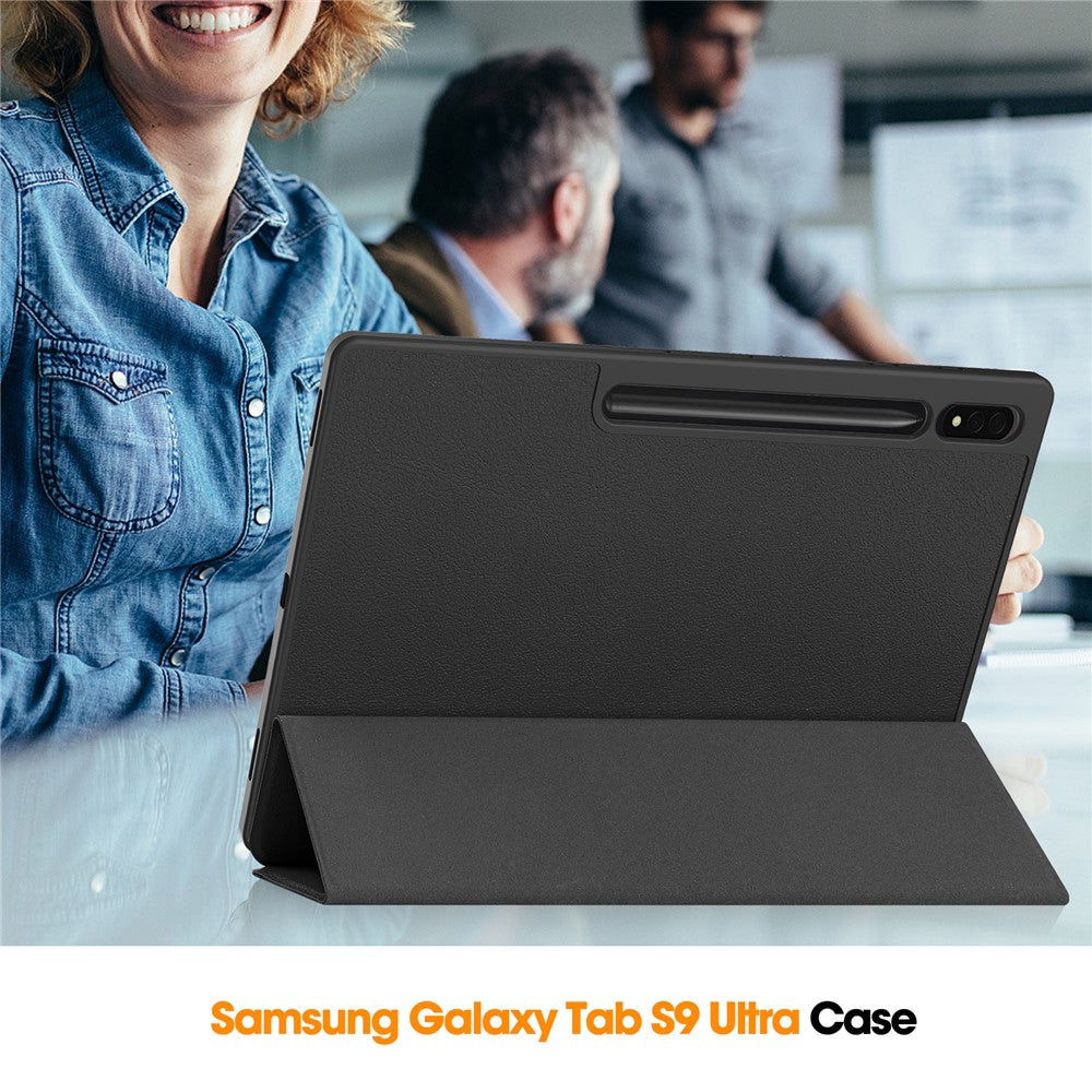 Smart Tablet Case for Samsung Galaxy Tab S9 Ultra, PU Leather Tri-fold Stand Cover with Pen Slot
