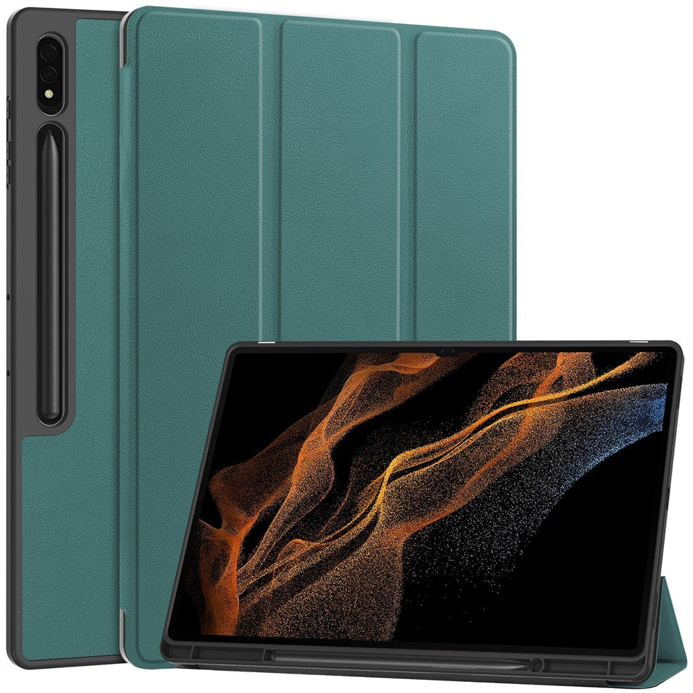 Smart Tablet Case for Samsung Galaxy Tab S9 Ultra, PU Leather Tri-fold Stand Cover with Pen Slot