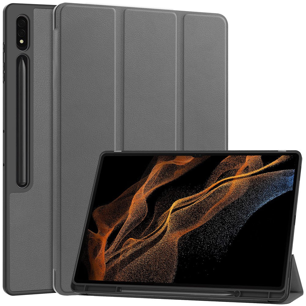 Smart Tablet Case for Samsung Galaxy Tab S9 Ultra, PU Leather Tri-fold Stand Cover with Pen Slot