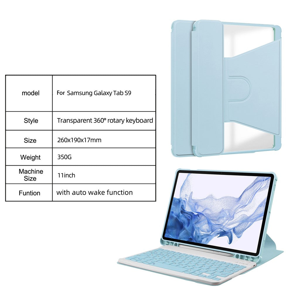 For Samsung Galaxy Tab S9 Tablet Case 360-Degree Rotating Stand Leather+Acrylic Cover with Wireless Keyboard