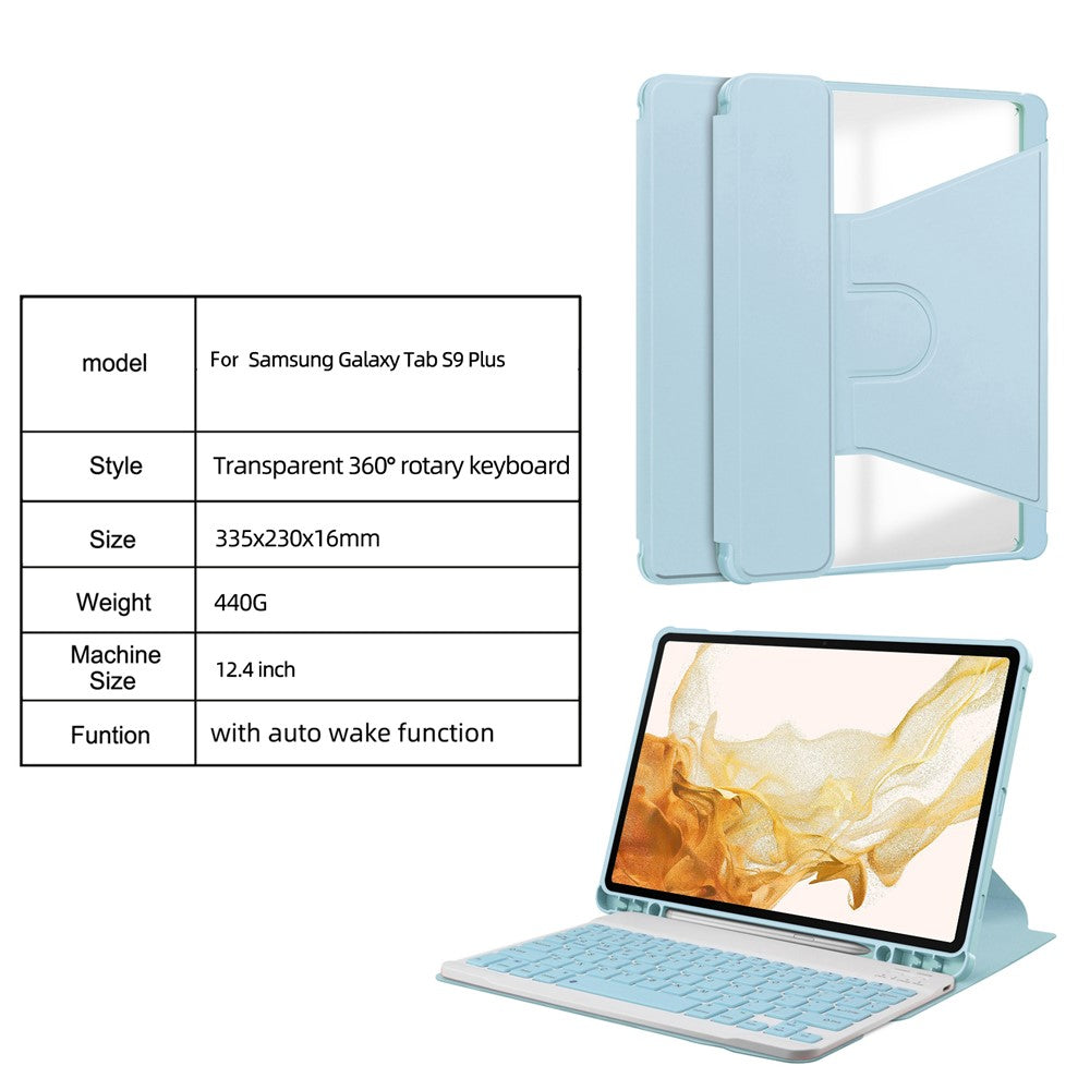 Til Samsung Galaxy Tab S9+ PU Læder+Akryl Tablet Taske 360-graders Roterende Støttefods Cover (uden tastatur)