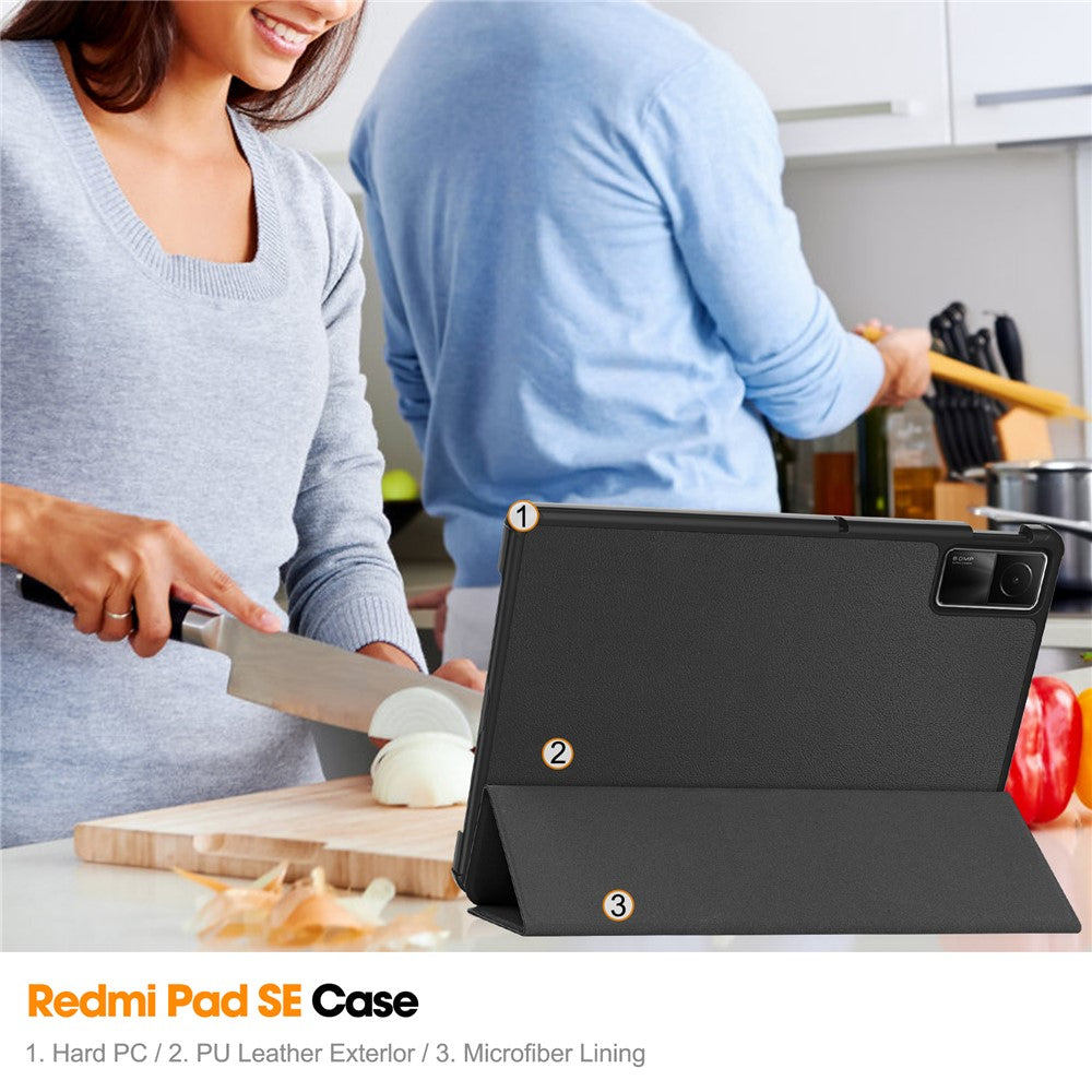 For Xiaomi Redmi Pad SE Tri-Fold Stand Tablet Case Anti-Drop PU Leather Tablet Cover