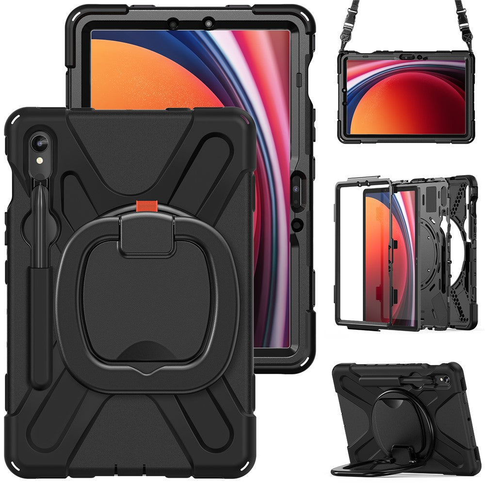 For Samsung Galaxy Tab S10 Lite / S10 FE / S9 FE / S9 / S8 / S7 PC+Silicone Case Rotating Kickstand Tablet Cover with Shoulder Strap