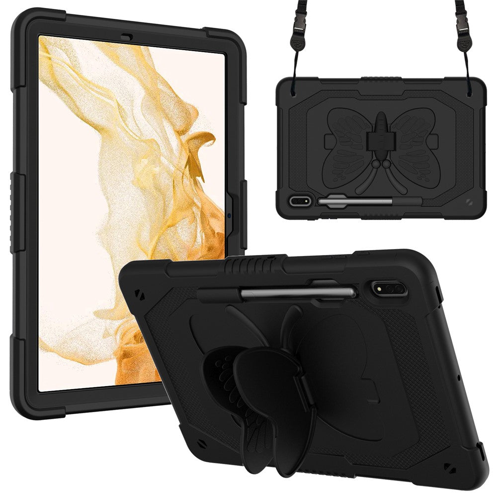 Drop-proof Tablet Case for Samsung Galaxy Tab S9+ Silicone + PC Butterfly Shape Kickstand Cover with Shoulder Strap