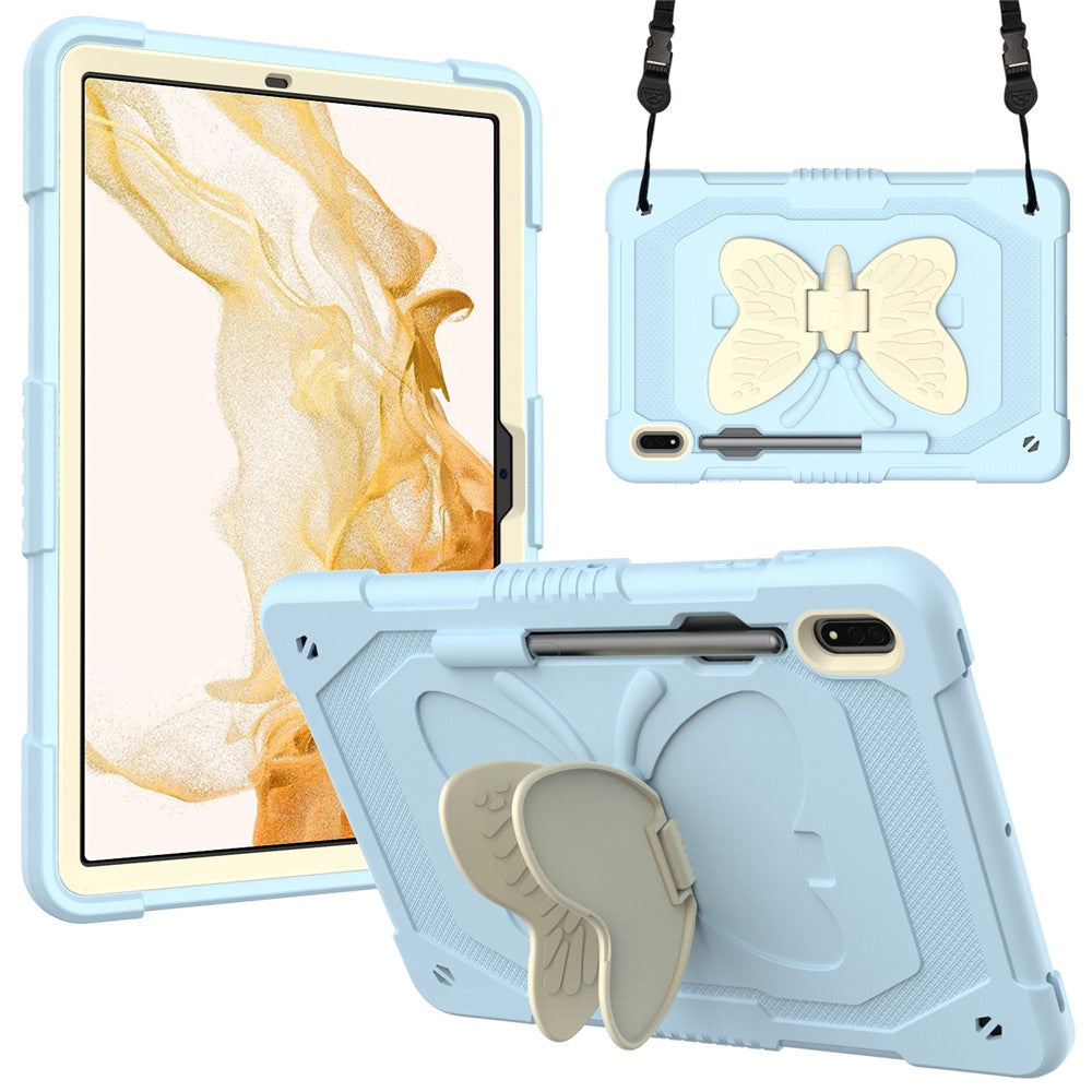 Anti-scratch Silicone + PC Tablet Case for Samsung Galaxy Tab S9 Butterfly Shape Kickstand Cover with Shoulder Strap