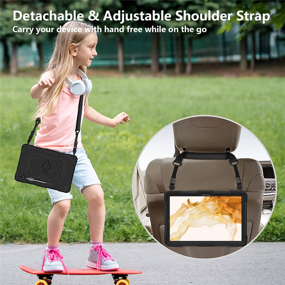 Anti-scratch Silicone + PC Tablet Case for Samsung Galaxy Tab S9 Butterfly Shape Kickstand Cover with Shoulder Strap