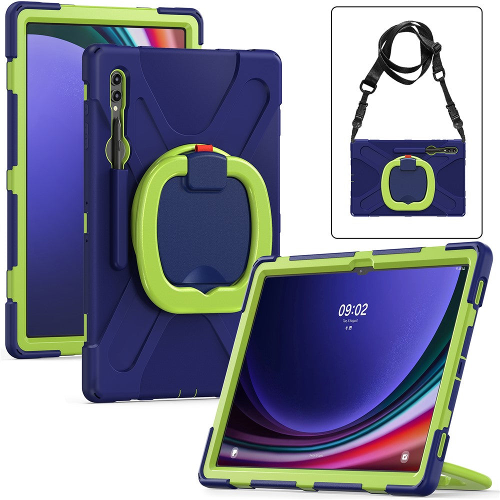 Samsung Galaxy Tab S10 Ultra X920 / S9 Ultra X910 / S8 Ultra X900 / X906 tabletetui i PC + silikone med roterende støtte, skulderrem og beskyttelse