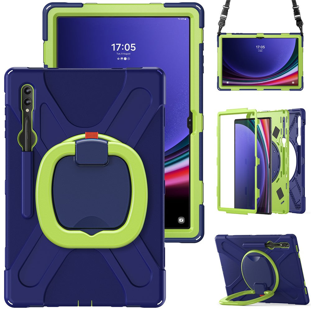 Samsung Galaxy Tab S10 Ultra X920 / S9 Ultra X910 / S8 Ultra X900 / X906 tabletetui i PC + silikone med roterende støtte, skulderrem og beskyttelse