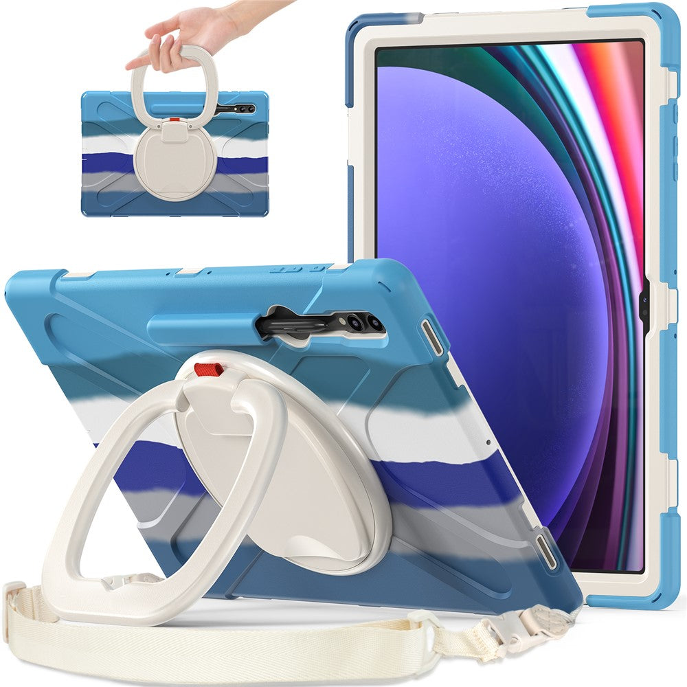 Samsung Galaxy Tab S10 Ultra X920 / S9 Ultra X910 / S8 Ultra X900 / X906 tabletetui i PC + silikone med roterende støtte, skulderrem og beskyttelse