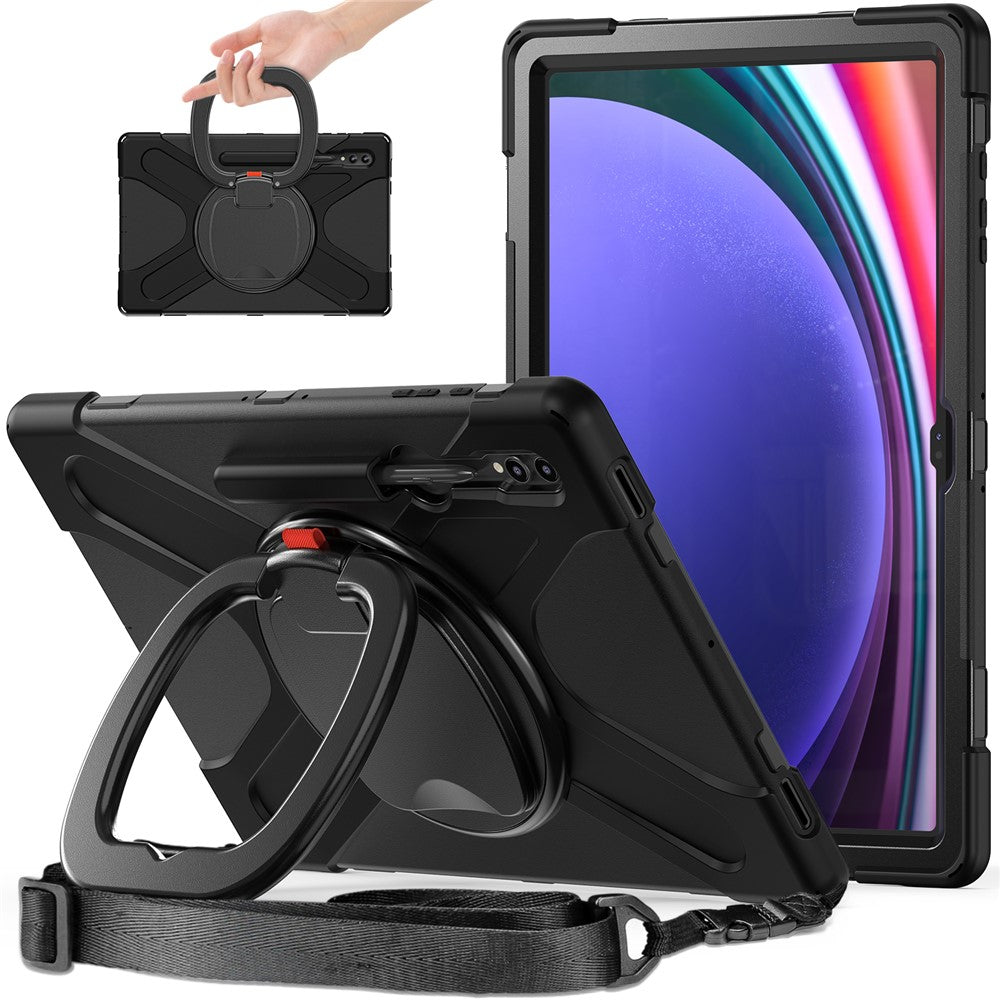 Samsung Galaxy Tab S10 Ultra X920 / S9 Ultra X910 / S8 Ultra X900 / X906 tabletetui i PC + silikone med roterende støtte, skulderrem og beskyttelse