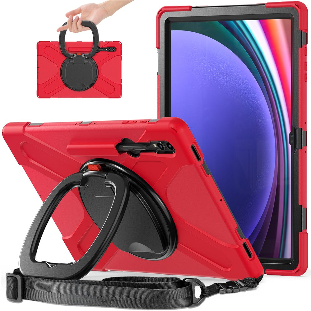 Samsung Galaxy Tab S10 Ultra X920 / S9 Ultra X910 / S8 Ultra X900 / X906 tabletetui i PC + silikone med roterende støtte, skulderrem og beskyttelse