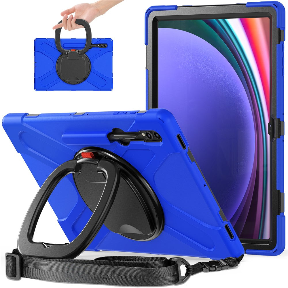 Samsung Galaxy Tab S10 Ultra X920 / S9 Ultra X910 / S8 Ultra X900 / X906 tabletetui i PC + silikone med roterende støtte, skulderrem og beskyttelse