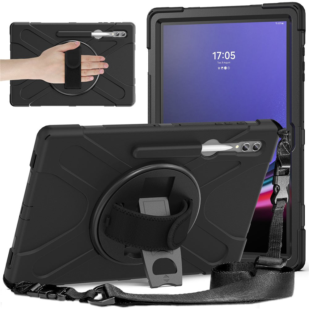 Til Samsung Galaxy Tab S10 Ultra X920 / S9 Ultra X910 / S8 Ultra X900 / X906 PC+Silikone Tabletcover Håndrem Støttefod med Skulderrem