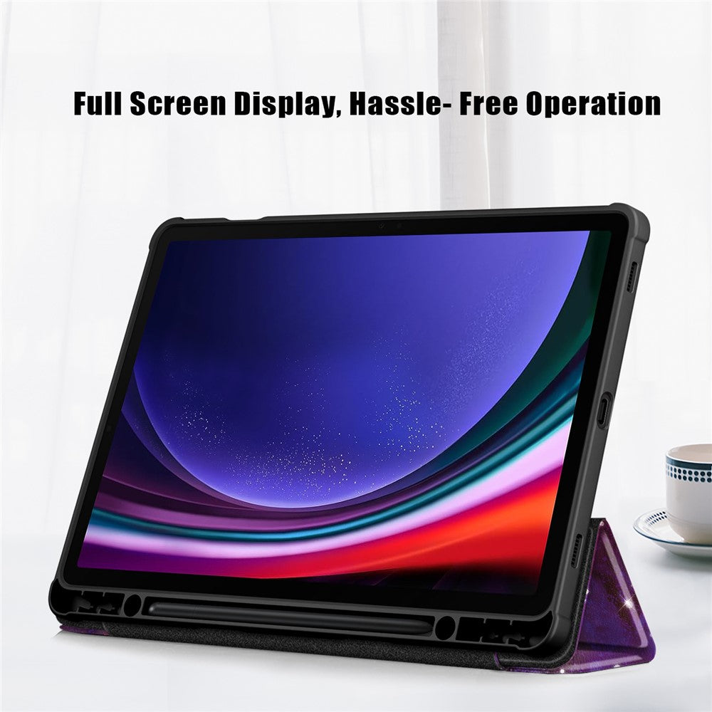 For Samsung Galaxy Tab S9 (SM-X710 / SM-X716B / SM-X718U) Tri-fold Stand Tablet Case Pattern Printing PU+TPU+Acrylic Protective Cover with Pen Slot