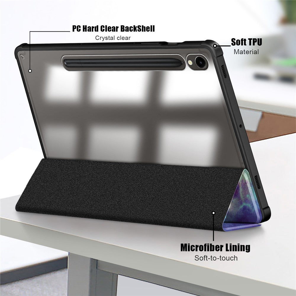 For Samsung Galaxy Tab S9 (SM-X710 / SM-X716B / SM-X718U) Tri-fold Stand Tablet Case Pattern Printing PU+TPU+Acrylic Protective Cover with Pen Slot