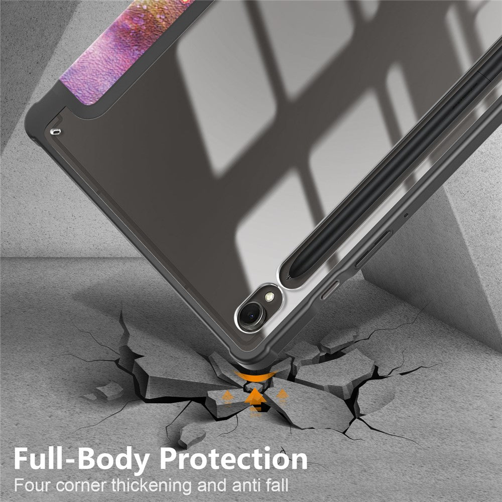 For Samsung Galaxy Tab S9 (SM-X710 / SM-X716B / SM-X718U) Tri-fold Stand Tablet Case Pattern Printing PU+TPU+Acrylic Protective Cover with Pen Slot