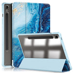For Samsung Galaxy Tab S9 (SM-X710 / SM-X716B / SM-X718U) Tri-fold Stand Tablet Case Pattern Printing PU+TPU+Acrylic Protective Cover with Pen Slot
