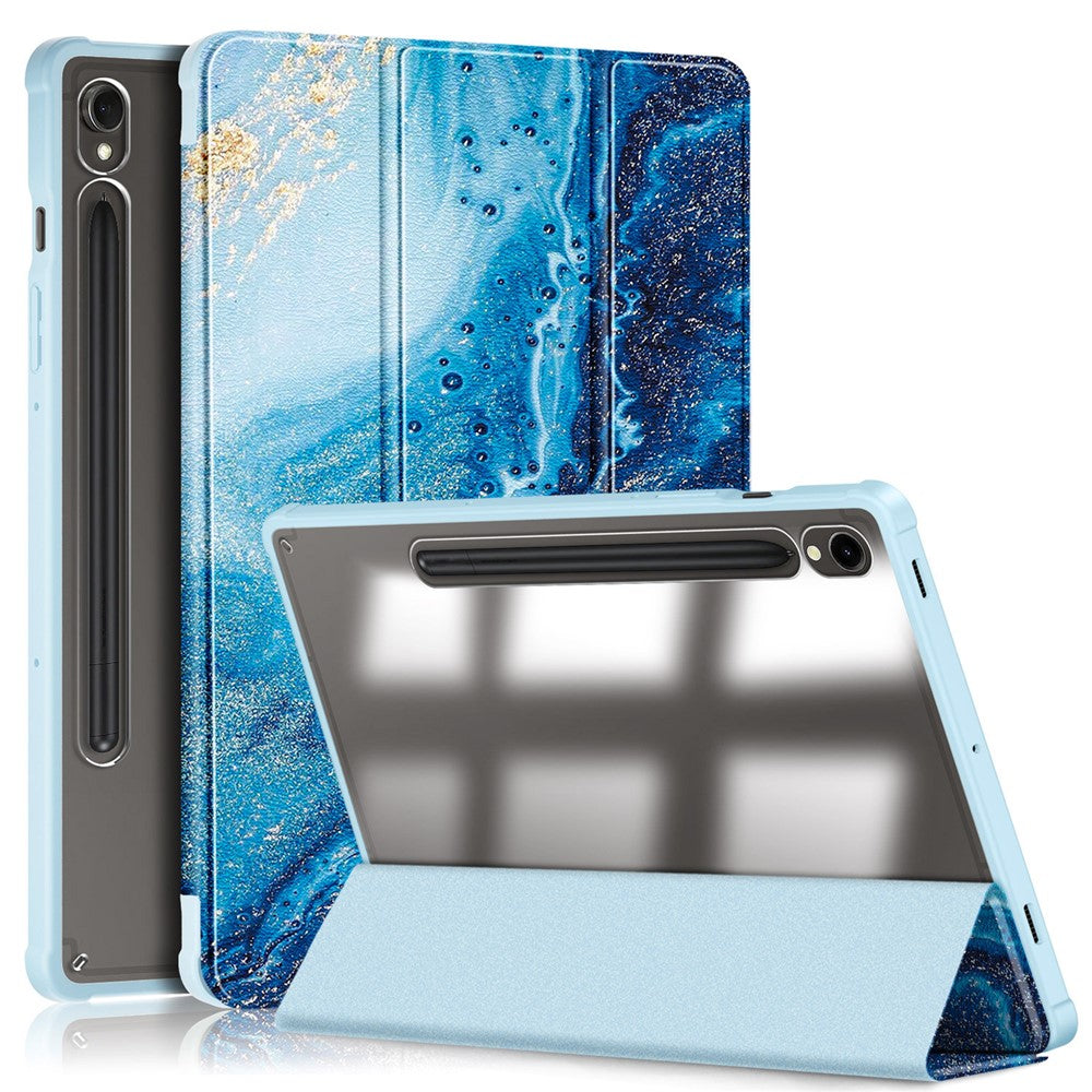 For Samsung Galaxy Tab S9 (SM-X710 / SM-X716B / SM-X718U) Tri-fold Stand Tablet Case Pattern Printing PU+TPU+Acrylic Protective Cover with Pen Slot