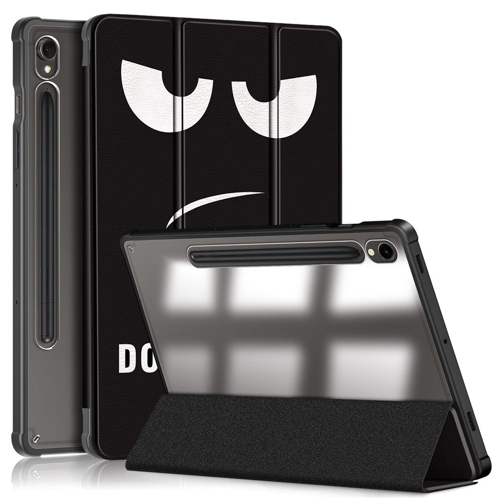 For Samsung Galaxy Tab S9 (SM-X710 / SM-X716B / SM-X718U) Tri-fold Stand Tablet Case Pattern Printing PU+TPU+Acrylic Protective Cover with Pen Slot