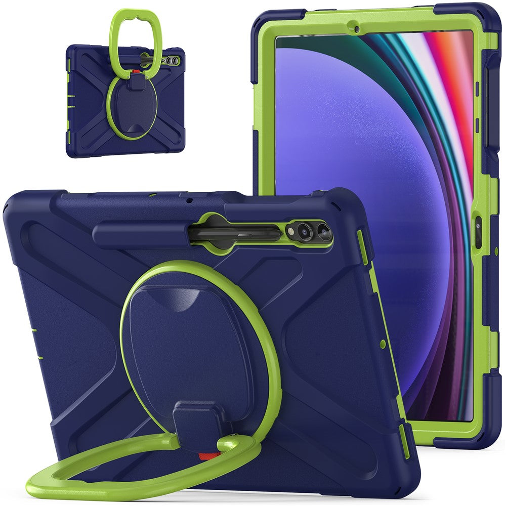 Til Samsung Galaxy Tab S10+ X826 / S9 FE+ / S9+ / S8+ / S7+ PC+silikone beskyttelsesetui med roterende støtteben og håndtag, robust tabletcover