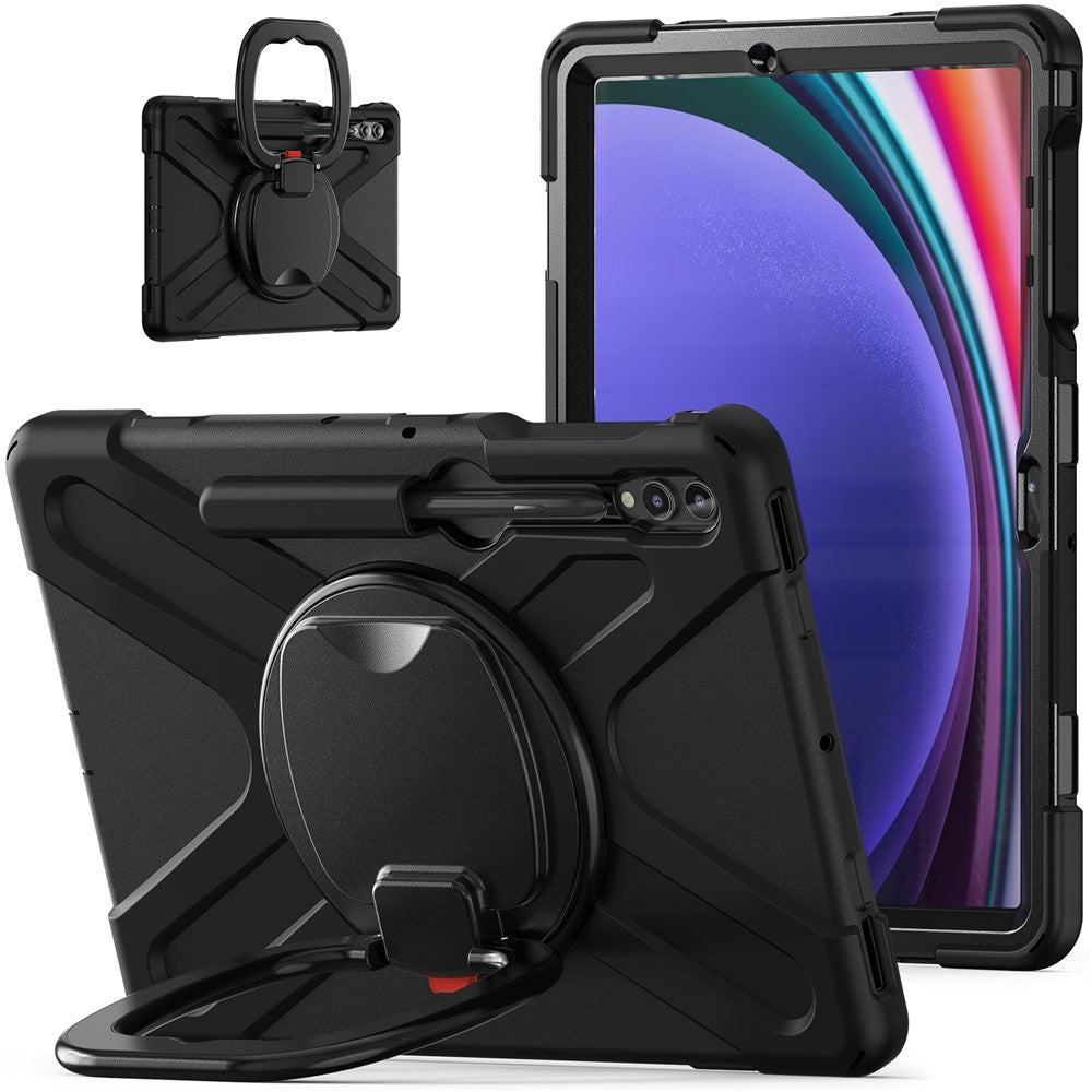 Til Samsung Galaxy Tab S10+ X826 / S9 FE+ / S9+ / S8+ / S7+ PC+silikone beskyttelsesetui med roterende støtteben og håndtag, robust tabletcover