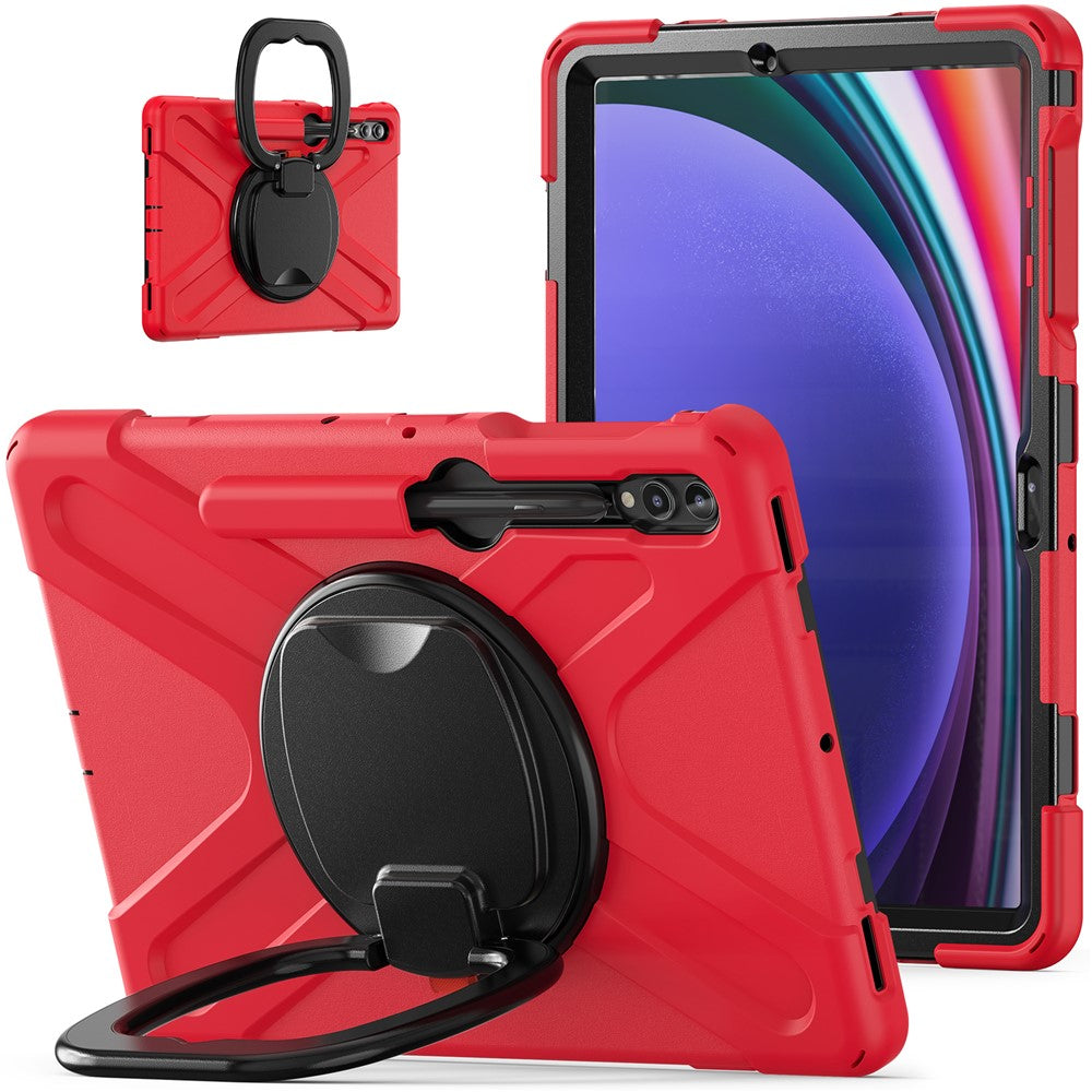 Til Samsung Galaxy Tab S10+ X826 / S9 FE+ / S9+ / S8+ / S7+ PC+silikone beskyttelsesetui med roterende støtteben og håndtag, robust tabletcover
