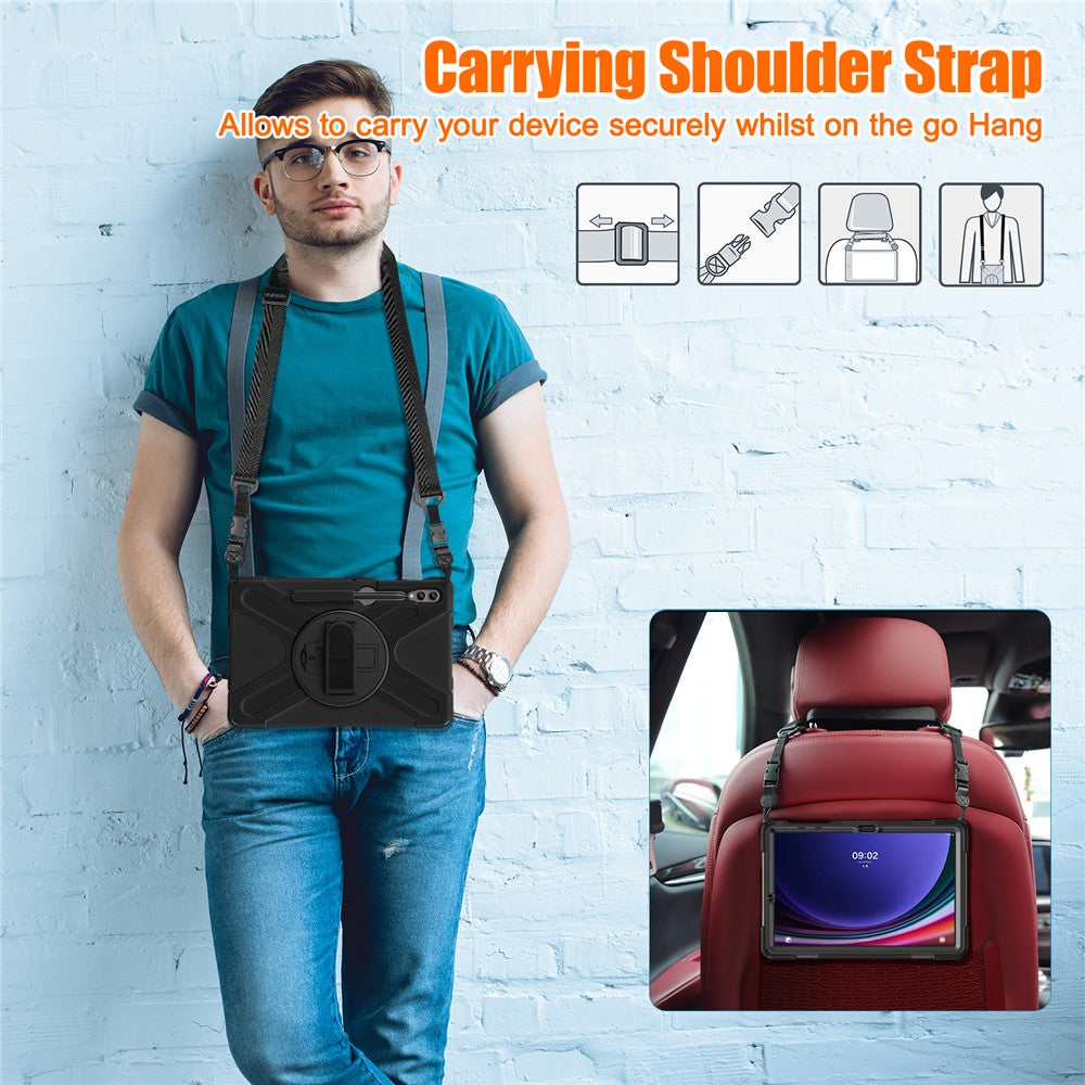 For Samsung Galaxy Tab S10 FE / S10+ X826 / S9 FE+ / S9+ / S8+ / S7 FE / S7+ PC+Silicone Tablet Case Kickstand with Shoulder Strap