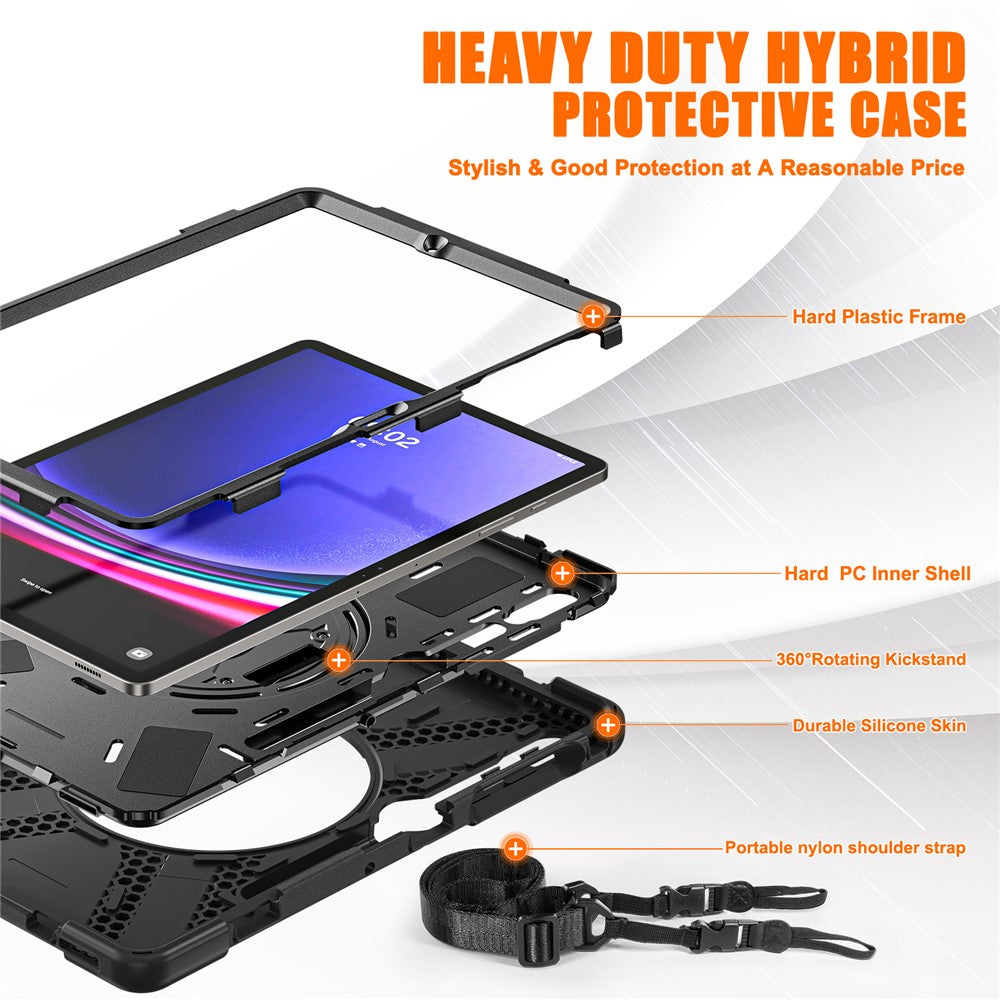 For Samsung Galaxy Tab S10 FE / S10+ X826 / S9 FE+ / S9+ / S8+ / S7 FE / S7+ PC+Silicone Tablet Case Kickstand with Shoulder Strap