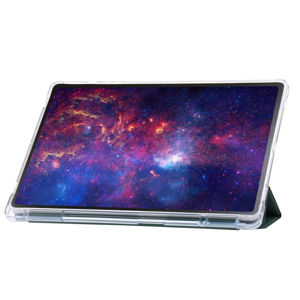 Til Samsung Galaxy Tab S9+ Trefloldbart Stativ Smart Cover PU Læder+Akryl+TPU Transparent Tabletetui