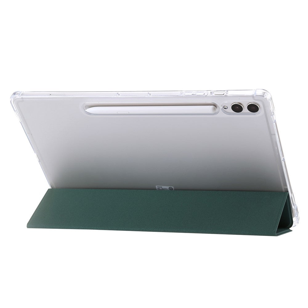 Til Samsung Galaxy Tab S9+ Trefloldbart Stativ Smart Cover PU Læder+Akryl+TPU Transparent Tabletetui