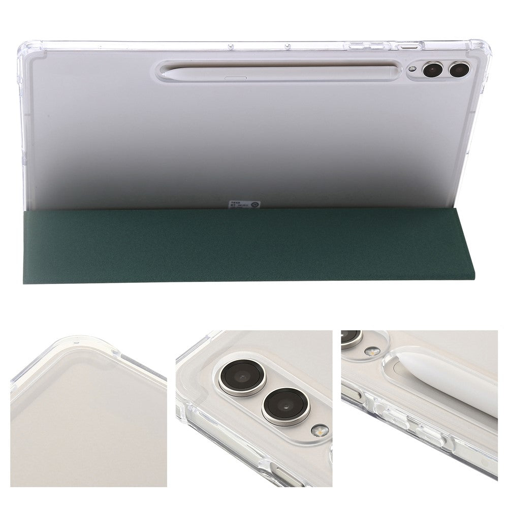 Til Samsung Galaxy Tab S9+ Trefloldbart Stativ Smart Cover PU Læder+Akryl+TPU Transparent Tabletetui