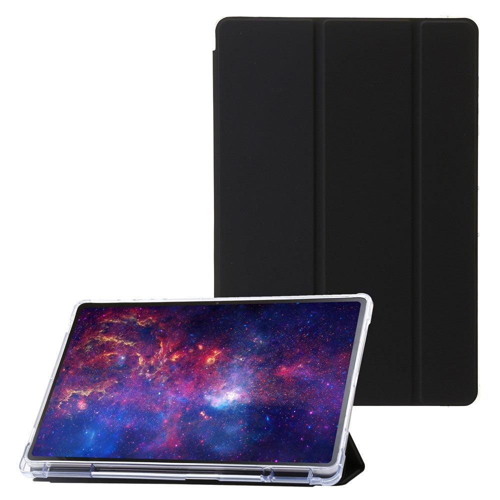 Til Samsung Galaxy Tab S9+ Trefloldbart Stativ Smart Cover PU Læder+Akryl+TPU Transparent Tabletetui