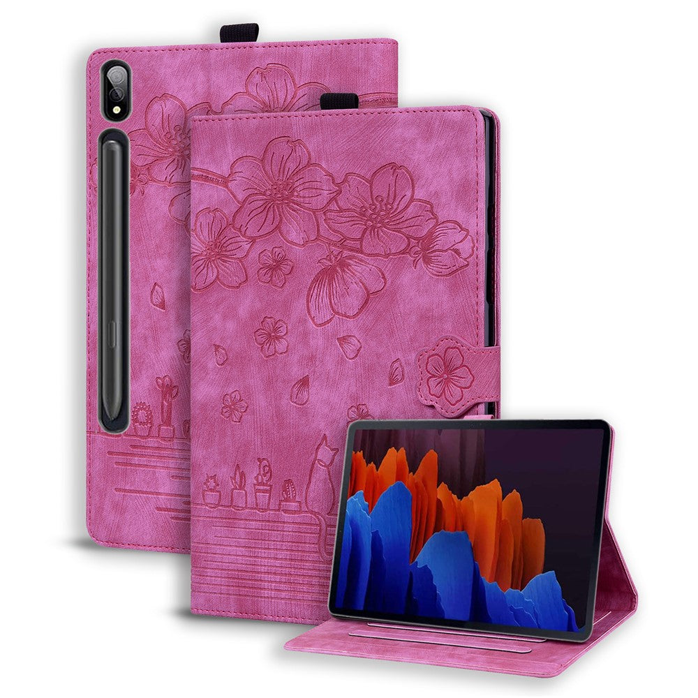 Til Samsung Galaxy Tab S9 Ultra Læder Stand Cover Imprintet Blomster Kat Tablet Etui med Kortlommer