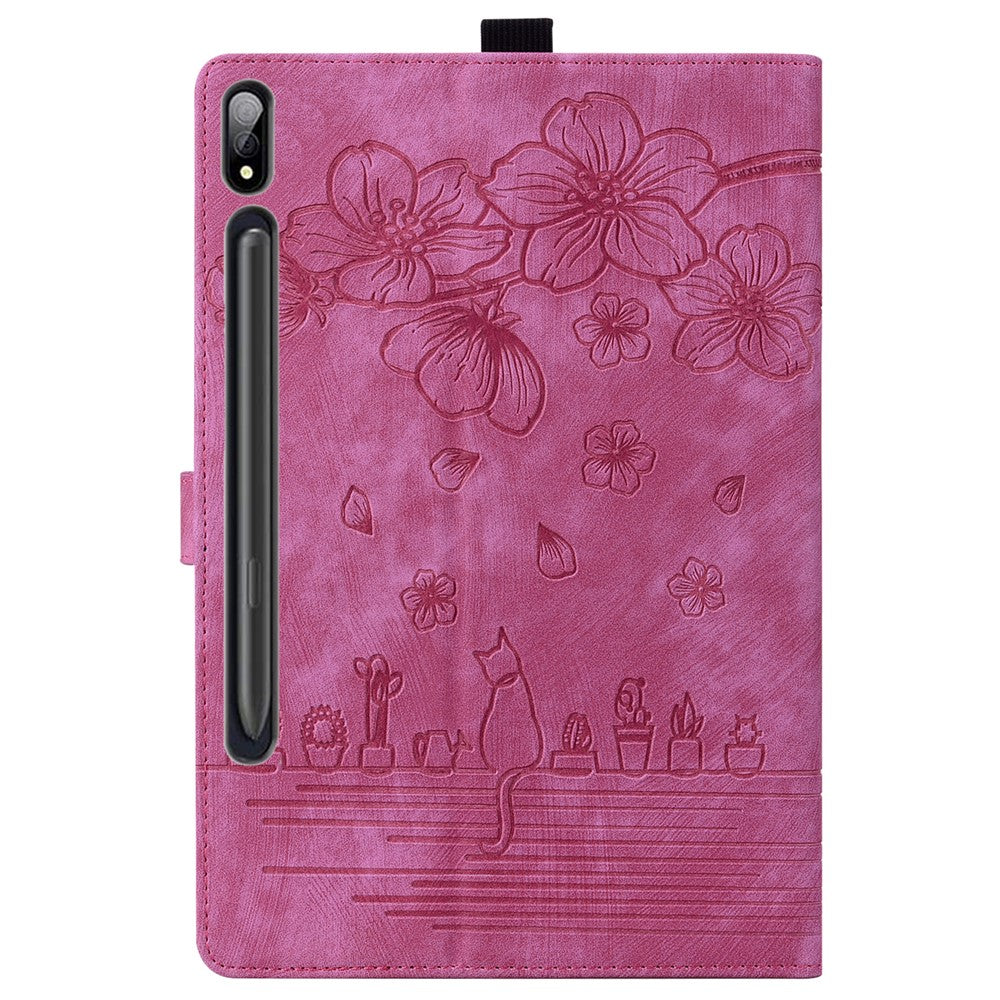 Til Samsung Galaxy Tab S9 Ultra Læder Stand Cover Imprintet Blomster Kat Tablet Etui med Kortlommer