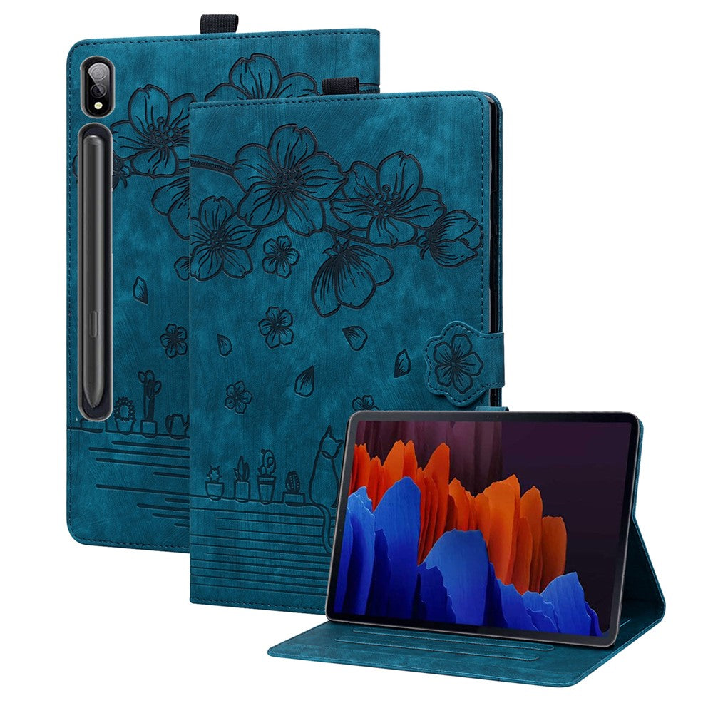 Til Samsung Galaxy Tab S9 Ultra Læder Stand Cover Imprintet Blomster Kat Tablet Etui med Kortlommer