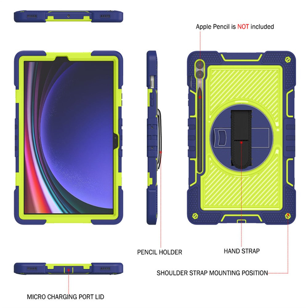 Protective Kickstand Case for Samsung Galaxy Tab S9+ Anti-Drop Silicone+PC Tablet Cover with Wrist Band / Shoulder Strap