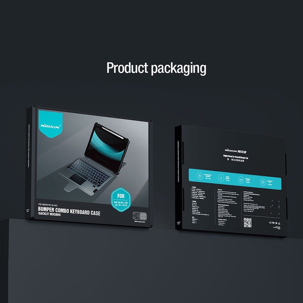 NILLKIN Bumper baggrundsbelyst Bluetooth-kompatibelt tastaturetui til Samsung Galaxy Tab S7 FE / Tab S7+ / Tab S8+ Aftageligt beskyttende tabletcover