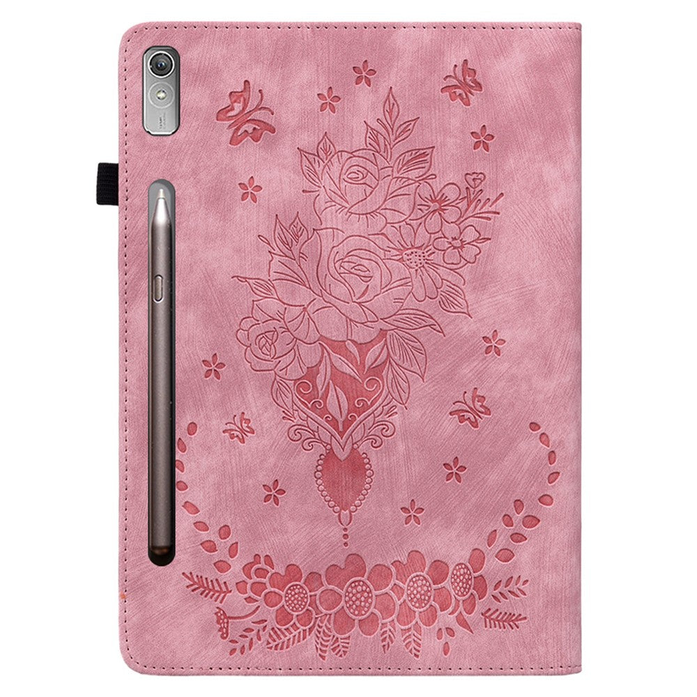 For Lenovo Tab P12 Tablet Cover PU Leather Card Holder Butterfly Rose Imprinted Case