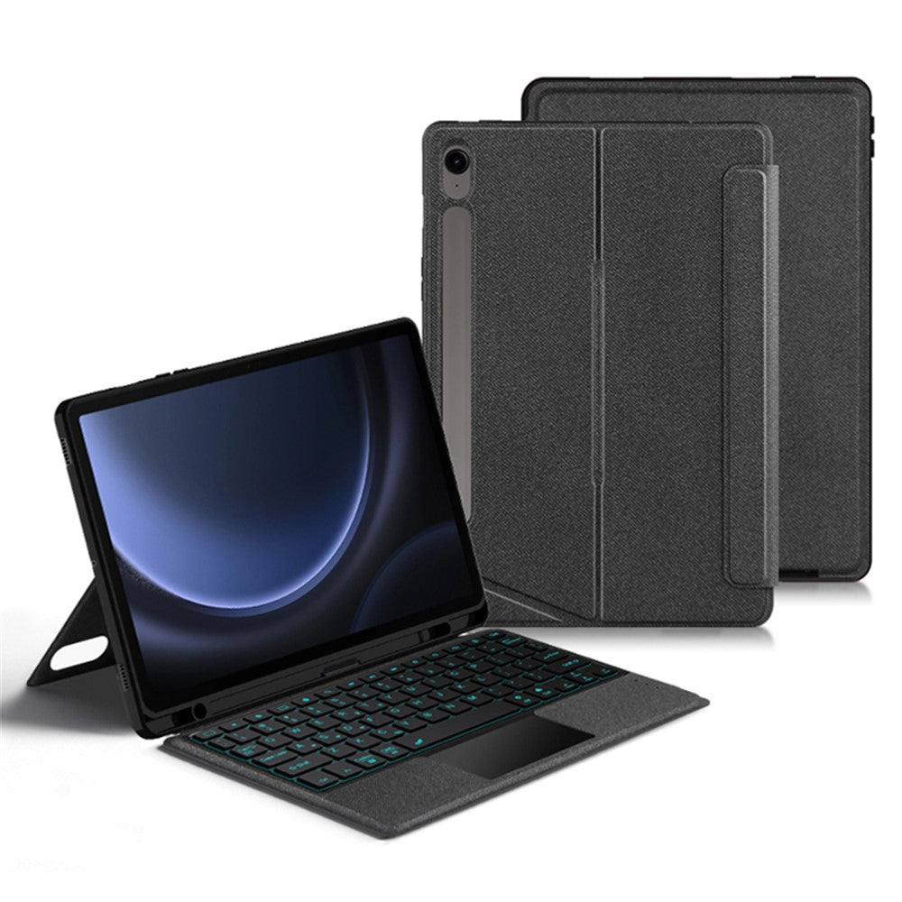 Til Samsung Galaxy Tab S10 FE / S9 FE / S9 læderetui + Bluetooth-kompatibelt tastatur med baggrundsbelysning og trackpad