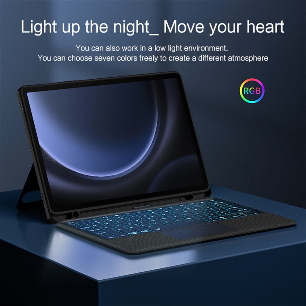 Til Samsung Galaxy Tab S10 FE / S9 FE / S9 læderetui + Bluetooth-kompatibelt tastatur med baggrundsbelysning og trackpad