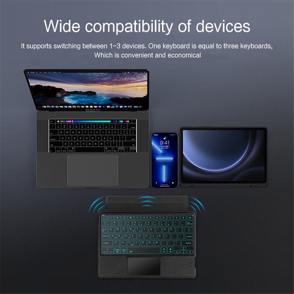 Til Samsung Galaxy Tab S10 FE / S9 FE / S9 læderetui + Bluetooth-kompatibelt tastatur med baggrundsbelysning og trackpad