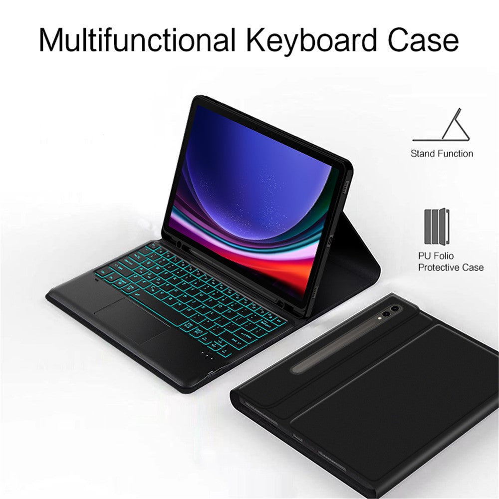 Til Samsung Galaxy Tab S10+ / S9+ / S8+ / S7+ / S7 FE Baggrundsbelyst Touchpad Bluetooth-kompatibelt Tastatur med Penholder Læder Tablet Cover