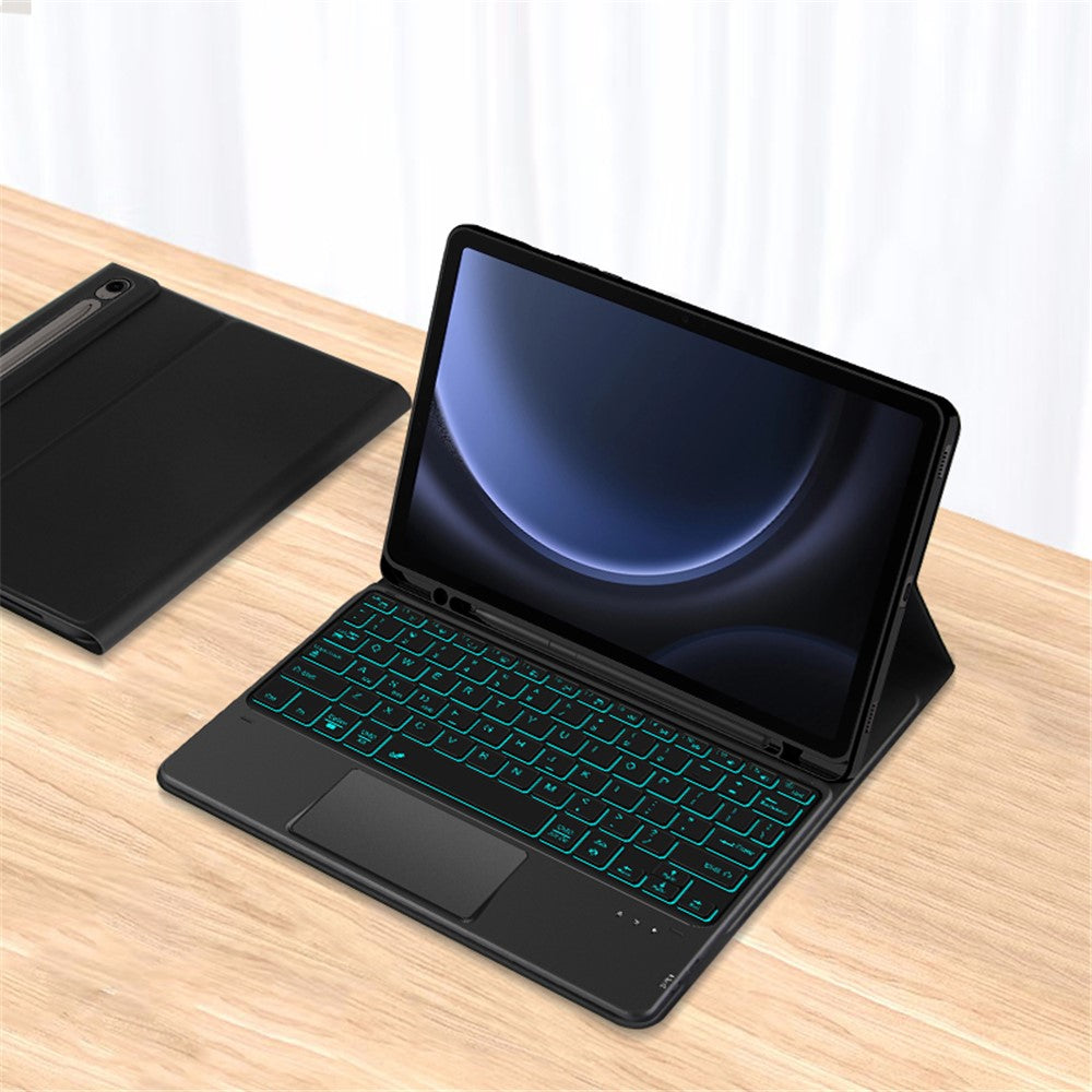For Samsung Galaxy Tab S10 FE / S9 FE / S9 / S8 / S7 Backlit Touchpad Bluetooth-Compatible Keyboard with Pen Slot Leather Tablet Case
