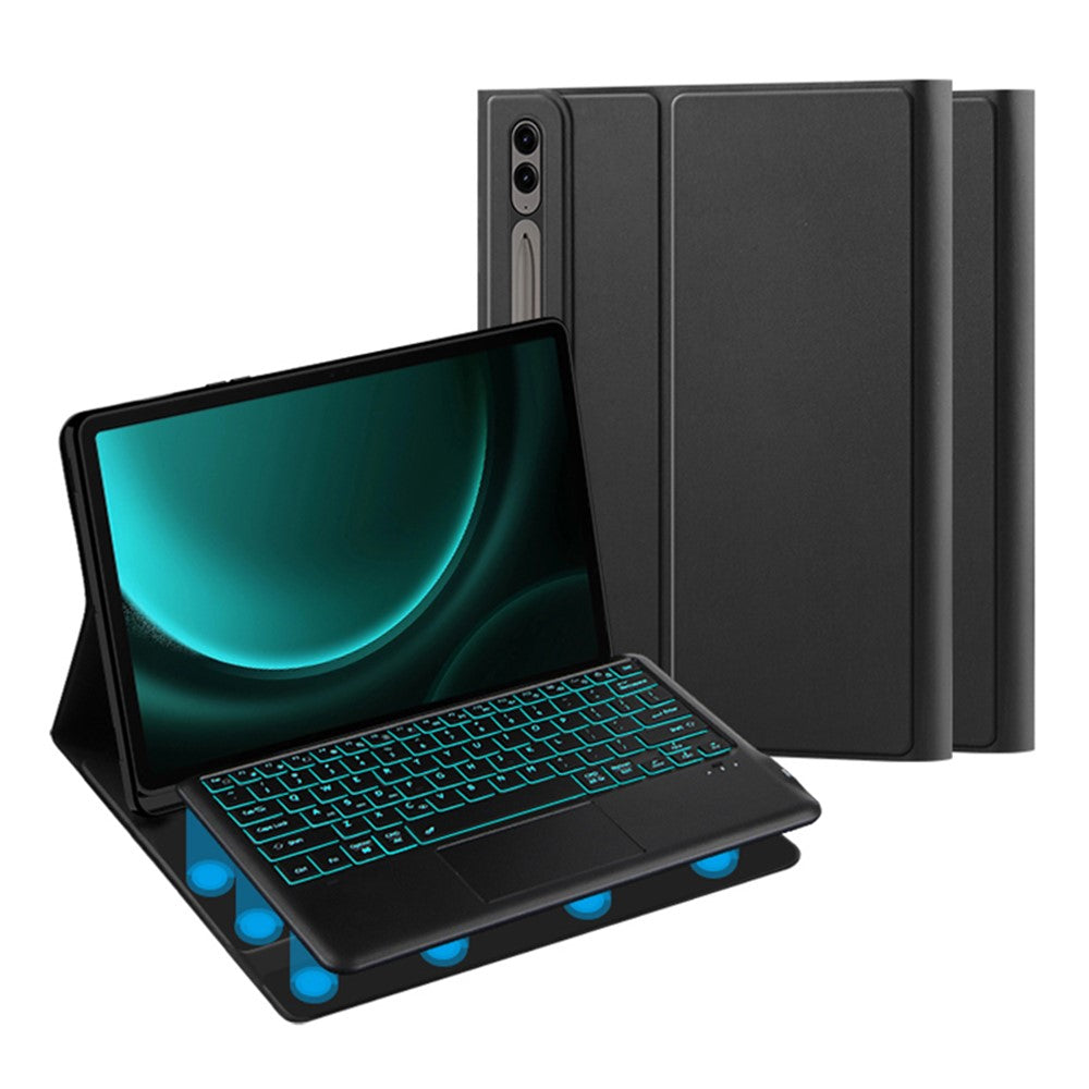 Til Samsung Galaxy Tab S9 FE+ baggrundsbelyst touchpad Bluetooth-kompatibelt tastatur med penneholder læder tabletcover