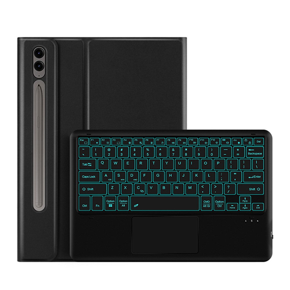 Til Samsung Galaxy Tab S9 FE+ baggrundsbelyst touchpad Bluetooth-kompatibelt tastatur med penneholder læder tabletcover