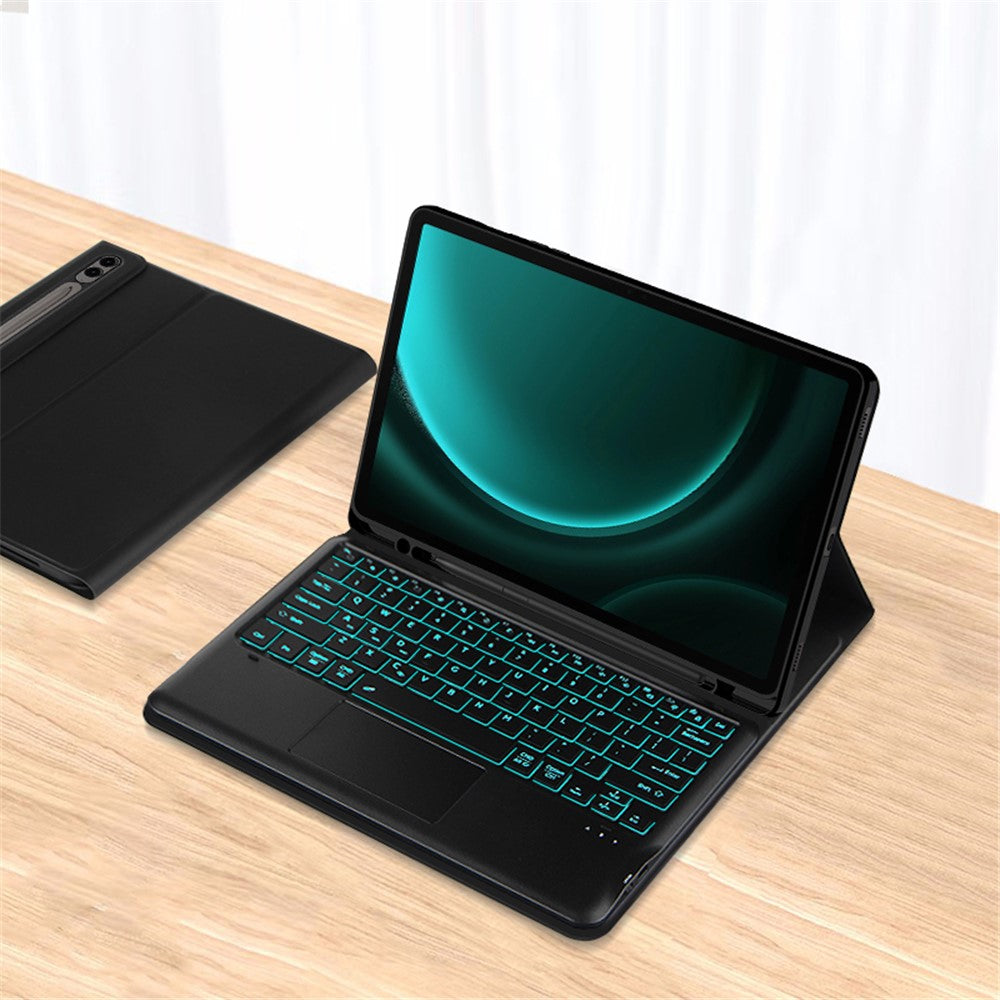 Til Samsung Galaxy Tab S9 FE+ baggrundsbelyst touchpad Bluetooth-kompatibelt tastatur med penneholder læder tabletcover