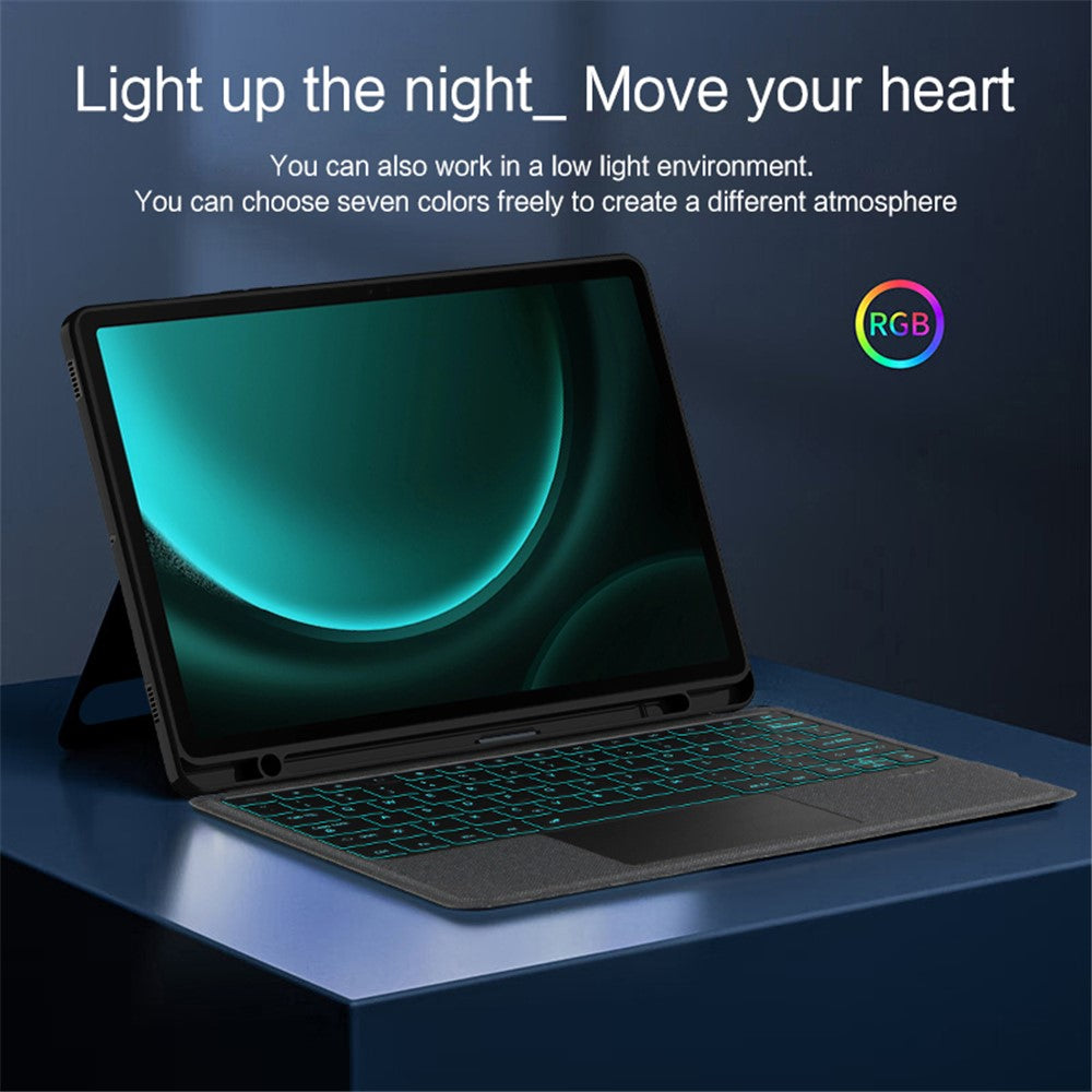 Til Samsung Galaxy Tab S9 FE+ Læderetui + Bluetooth-kompatibelt tastatur med baggrundsbelysning og trackpad