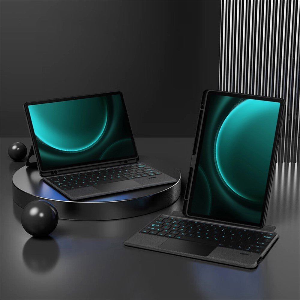 Til Samsung Galaxy Tab S9 FE+ Læderetui + Bluetooth-kompatibelt tastatur med baggrundsbelysning og trackpad